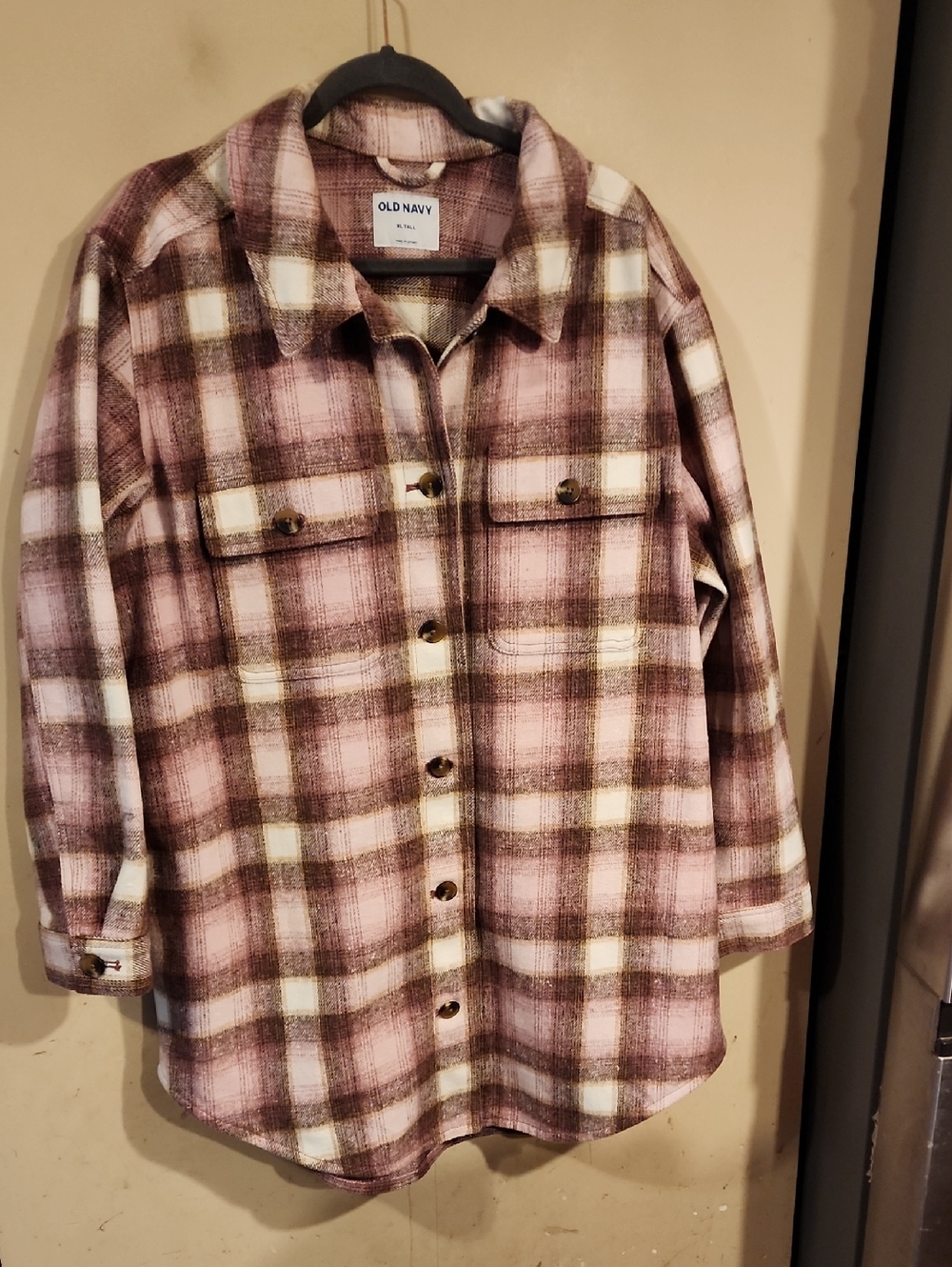 Old Navy Pink and Brown Plaid Button-Up Shacket